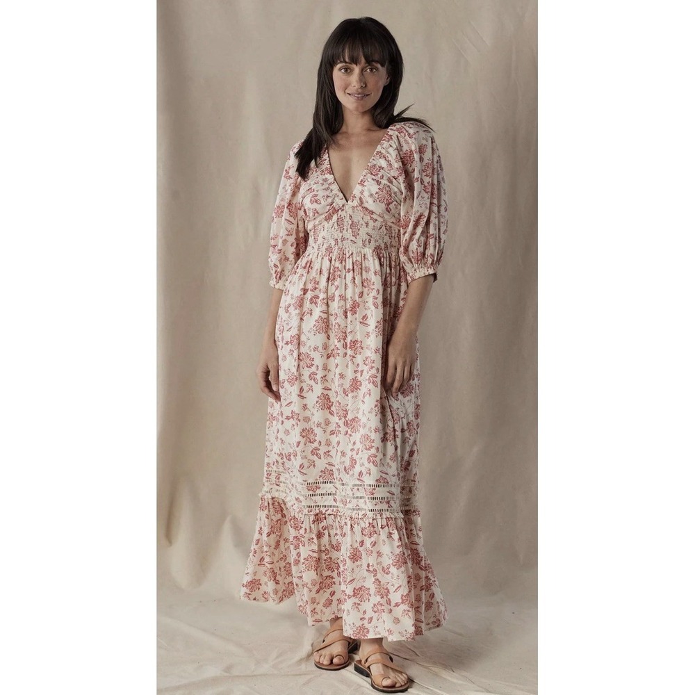 The Normal Brand Isla Maxi Dress Small Pink Cream Floral Pockets Cottagecore